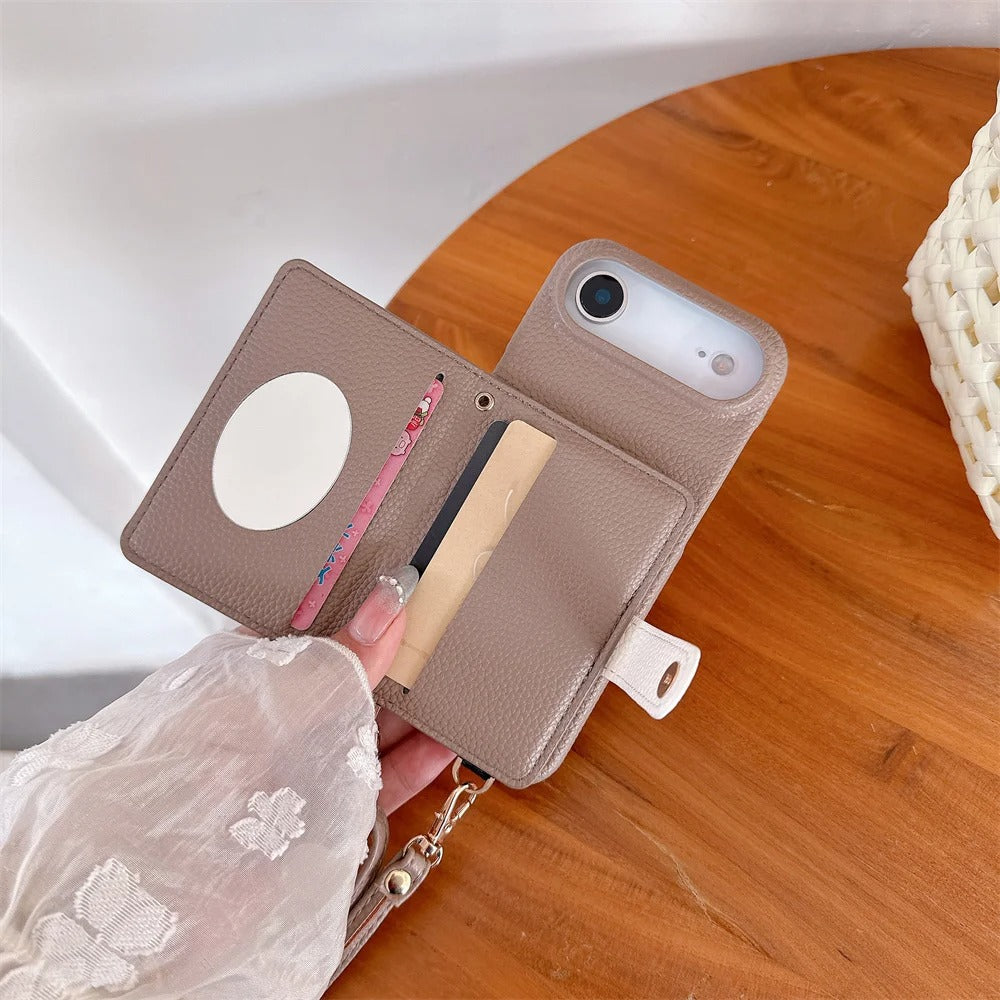 Luxury iPhone Case — Mirror Leather Crossbody Wallet Cover with Card Holder, Lanyard Strap and Shockproof Anti-Fall Protection