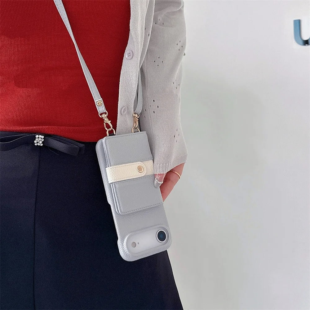 Luxury iPhone Case — Mirror Leather Crossbody Wallet Cover with Card Holder, Lanyard Strap and Shockproof Anti-Fall Protection