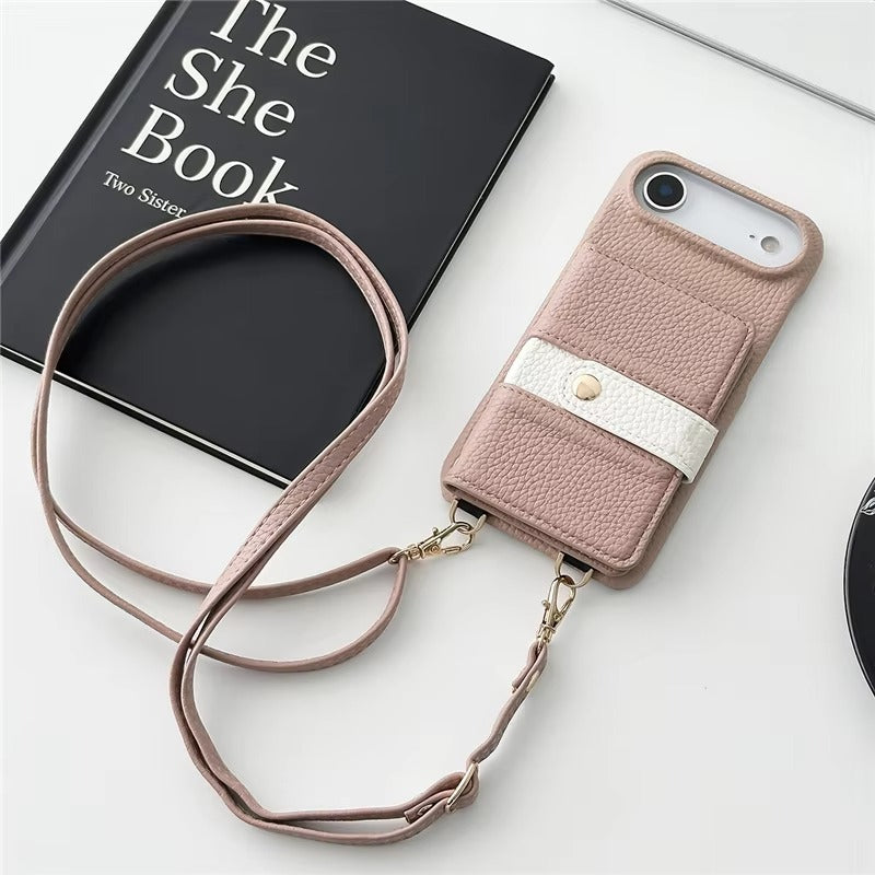 Luxury iPhone Case — Mirror Leather Crossbody Wallet Cover with Card Holder, Lanyard Strap and Shockproof Anti-Fall Protection