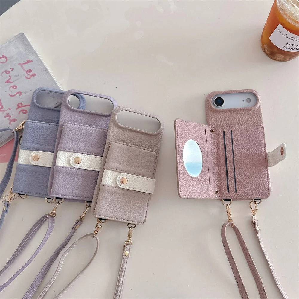 Luxury iPhone Case — Mirror Leather Crossbody Wallet Cover with Card Holder, Lanyard Strap and Shockproof Anti-Fall Protection