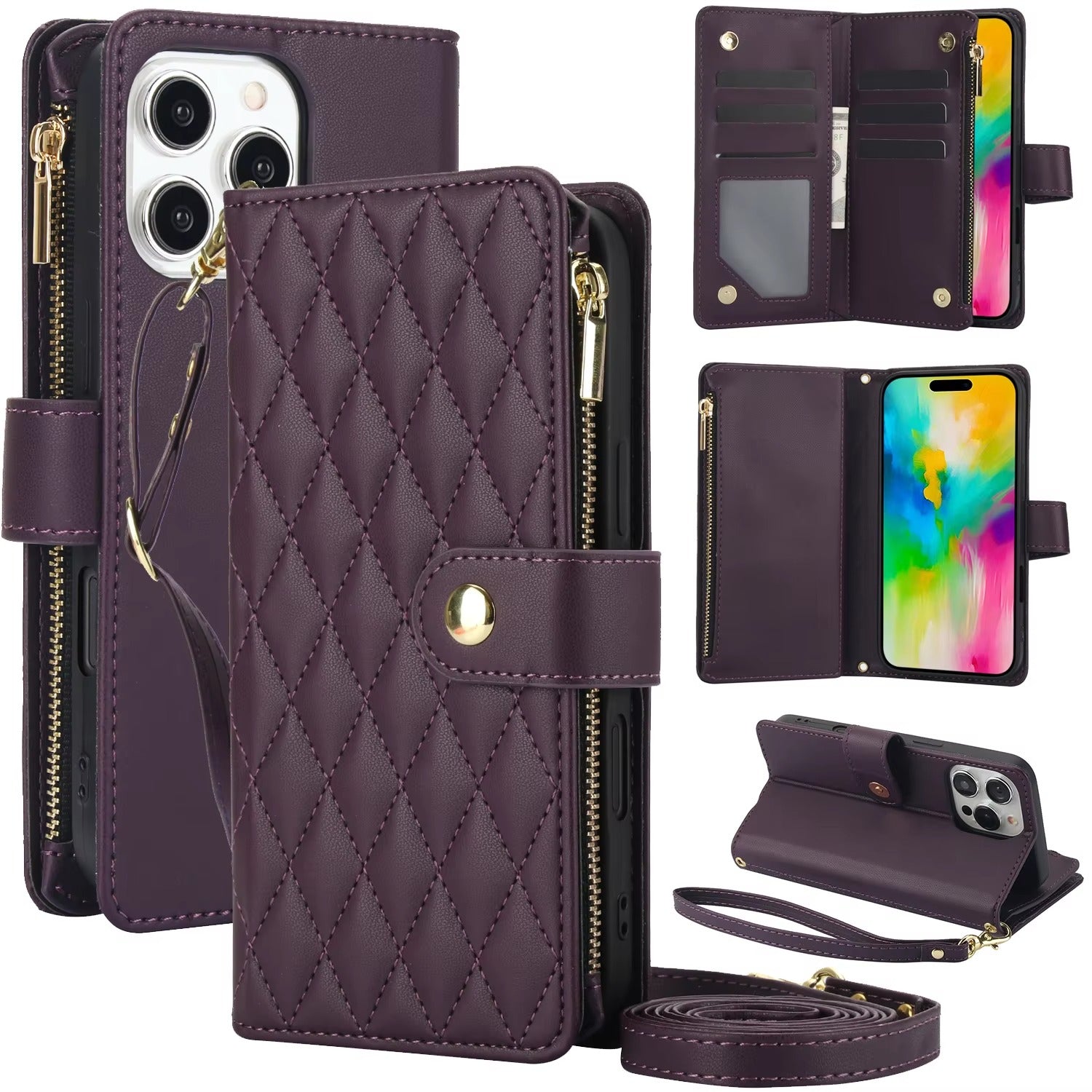 Luxury iPhone Case — Multi-Karal Chain Zipper Wallet Flip Cover with 6-Card Slots, Shockproof, Magnetic, Anti-Scratch, Leather Wallet Case