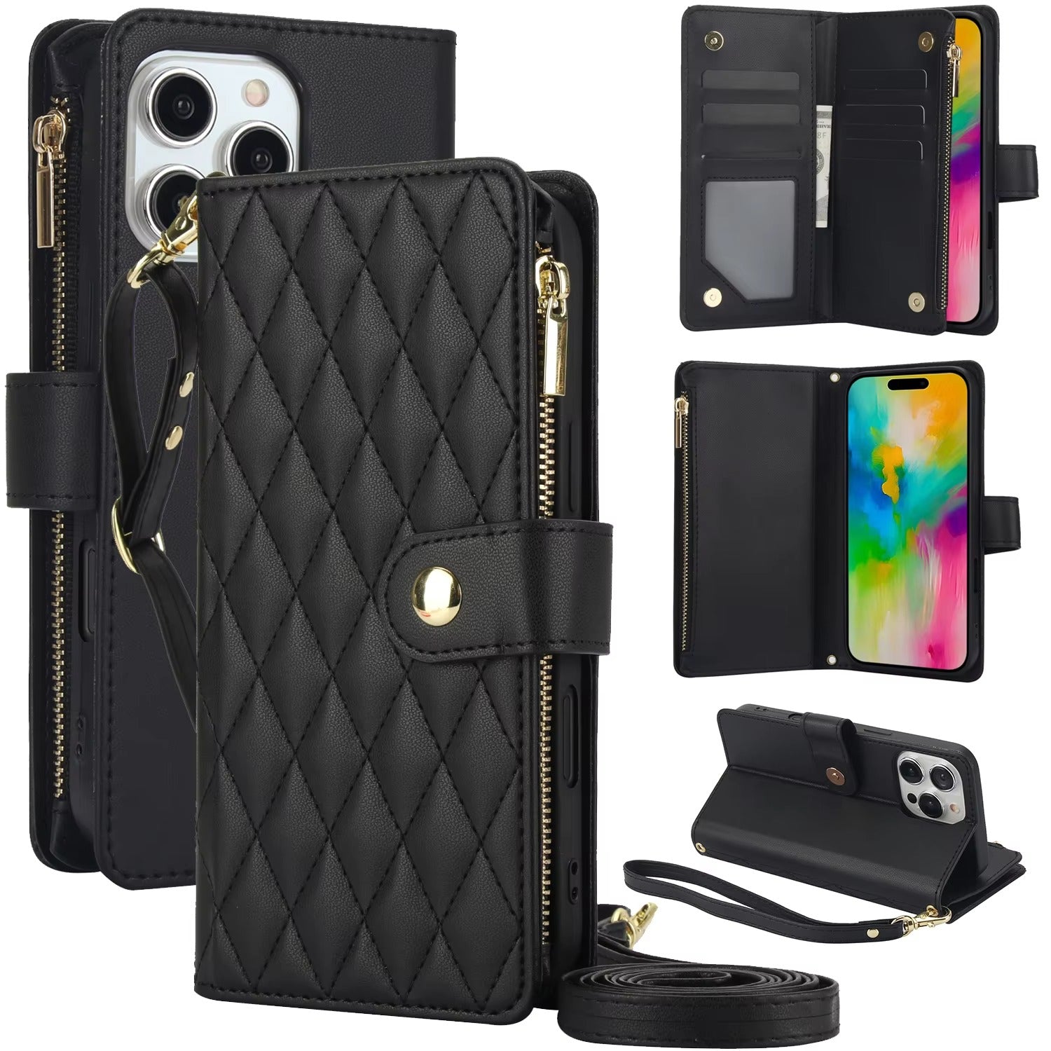 Luxury iPhone Case — Multi-Karal Chain Zipper Wallet Flip Cover with 6-Card Slots, Shockproof, Magnetic, Anti-Scratch, Leather Wallet Case