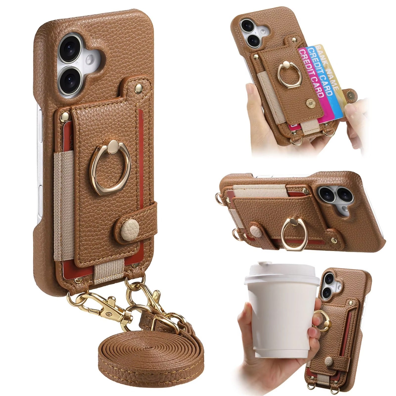 Luxury iPhone Case — PU Leather Crossbody Zipper Wallet Cover with Ring Holder, Card Slot Storage and Anti-Fingerprint Shockproof Protection