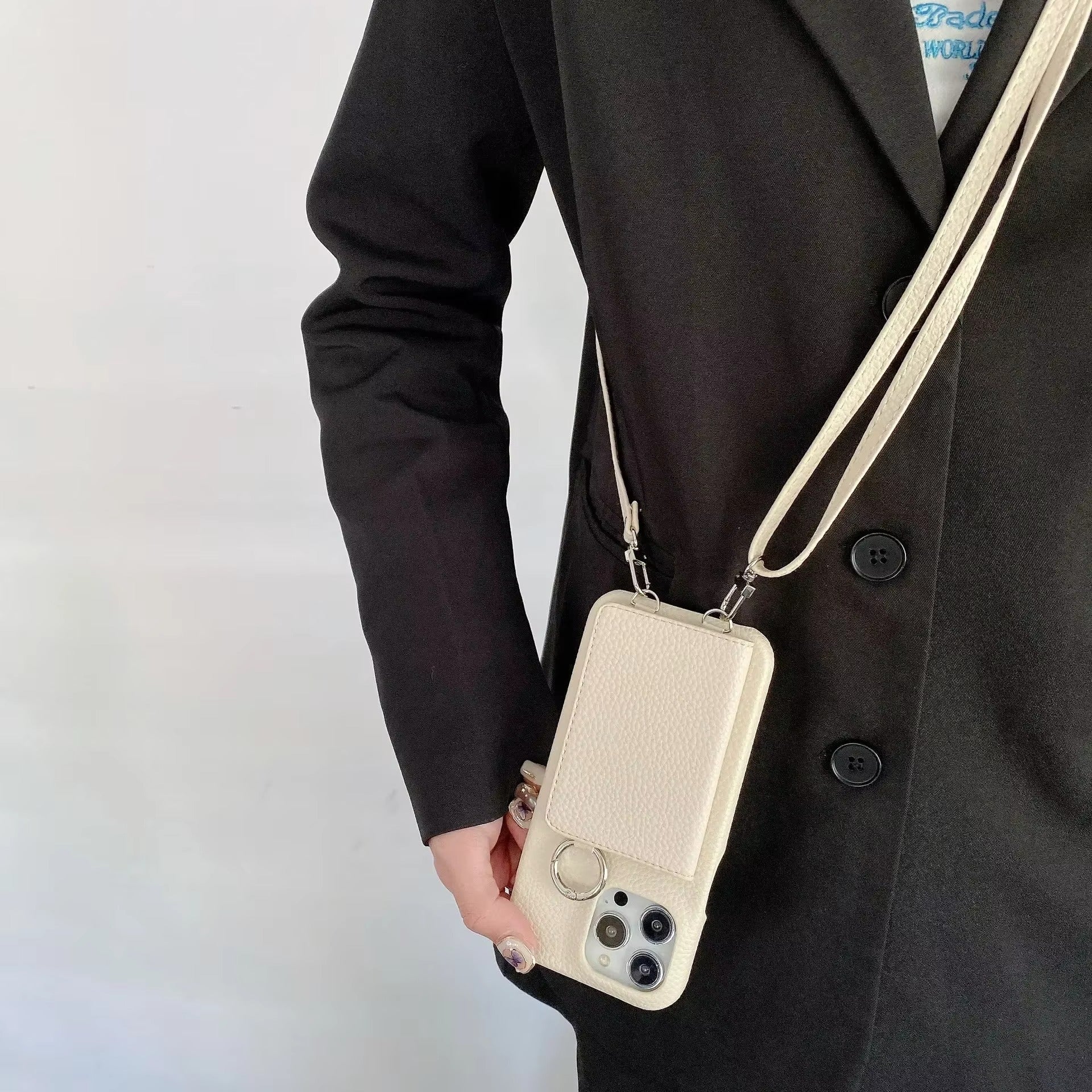 Luxury iPhone Case — PU Leather Mirror Wallet Cover with Card Slot, Ring Holder, Kickstand and Crossbody Lanyard for Shockproof Protection