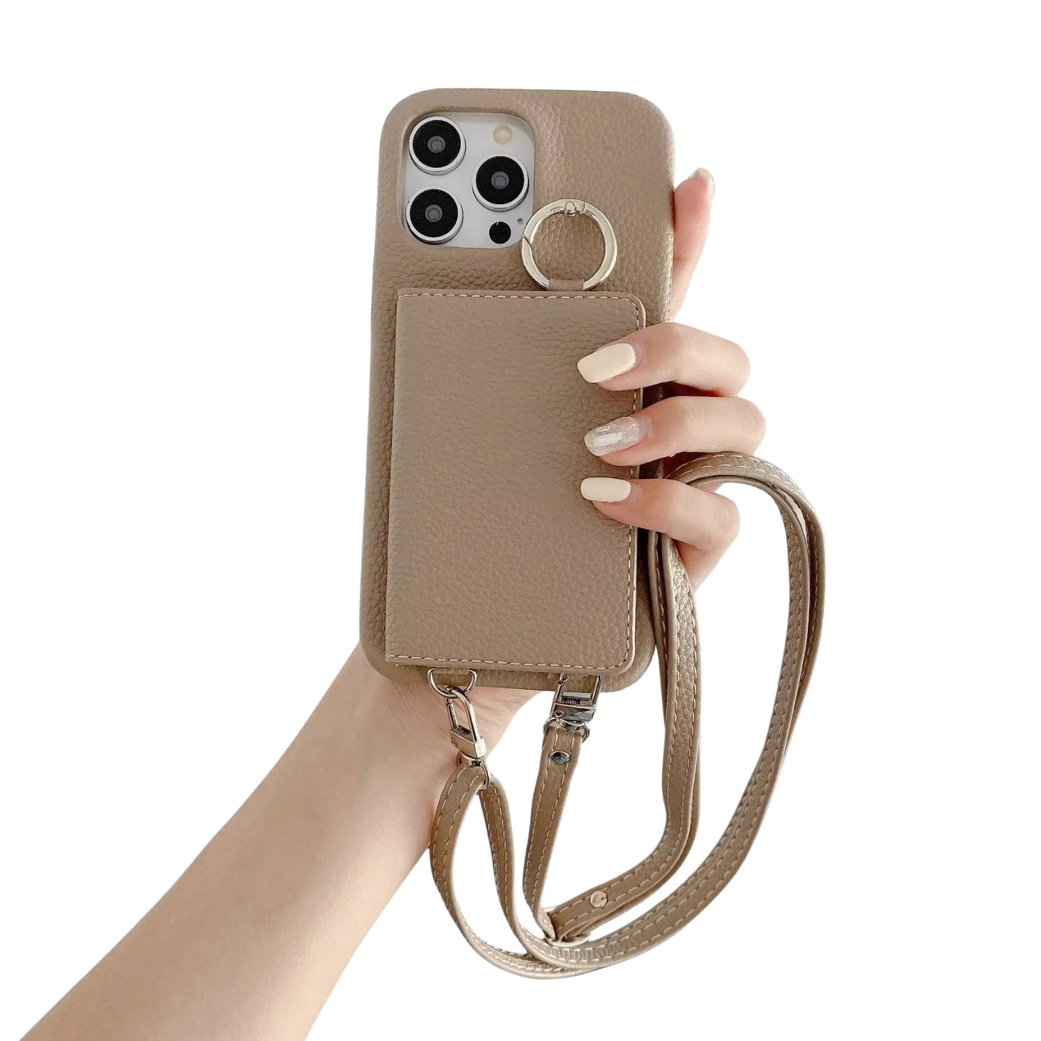 Luxury iPhone Case — PU Leather Mirror Wallet Cover with Card Slot, Ring Holder, Kickstand and Crossbody Lanyard for Shockproof Protection