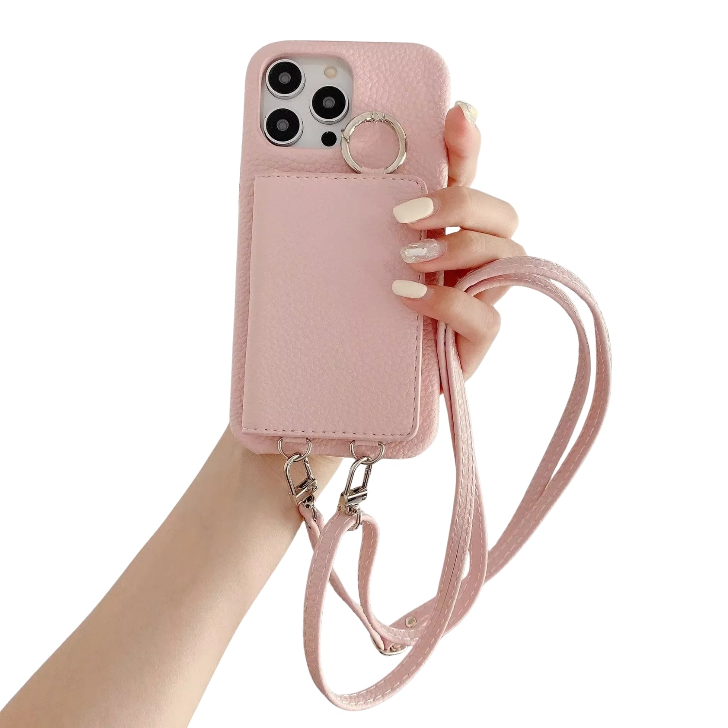 Luxury iPhone Case — PU Leather Mirror Wallet Cover with Card Slot, Ring Holder, Kickstand and Crossbody Lanyard for Shockproof Protection