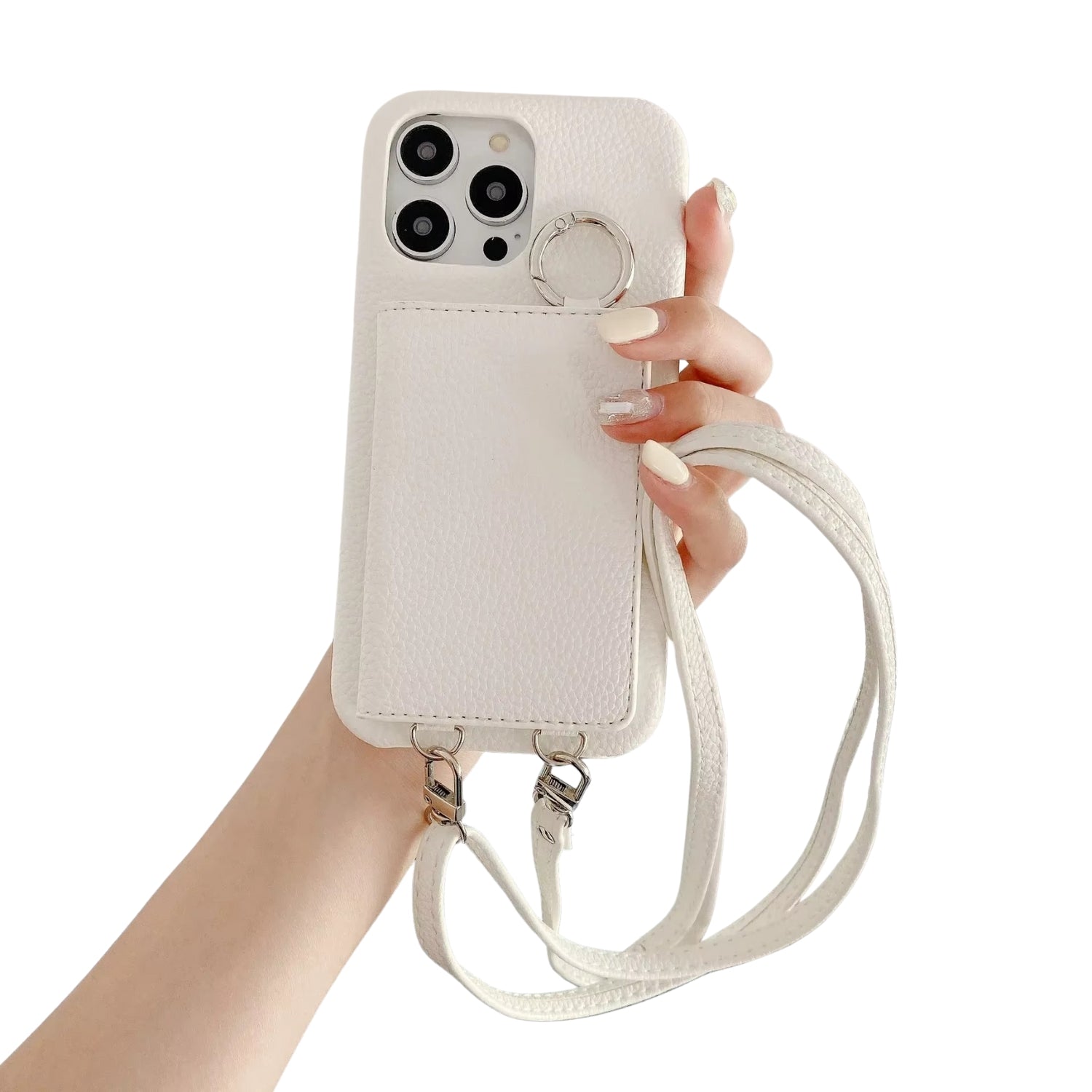 Luxury iPhone Case — PU Leather Mirror Wallet Cover with Card Slot, Ring Holder, Kickstand and Crossbody Lanyard for Shockproof Protection