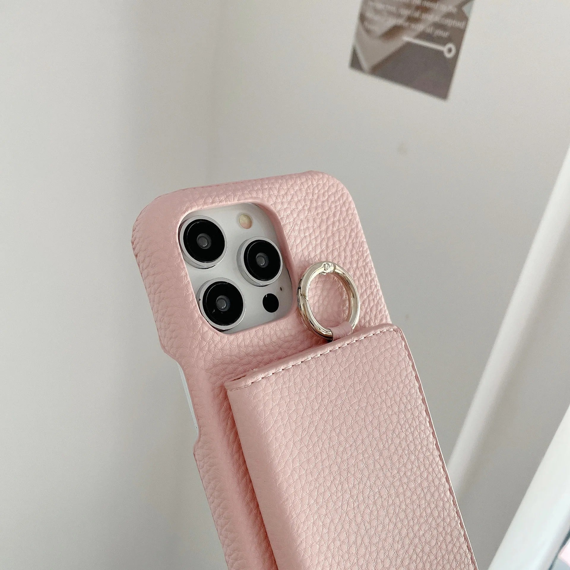 Luxury iPhone Case — PU Leather Mirror Wallet Cover with Card Slot, Ring Holder, Kickstand and Crossbody Lanyard for Shockproof Protection