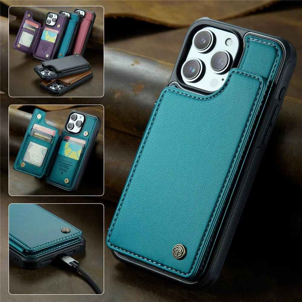 Luxury iPhone Case — PU Leather Wallet Cover with RFID-Blocking Card Slots, Magnetic Clasp and Durable Kickstand Protective Design