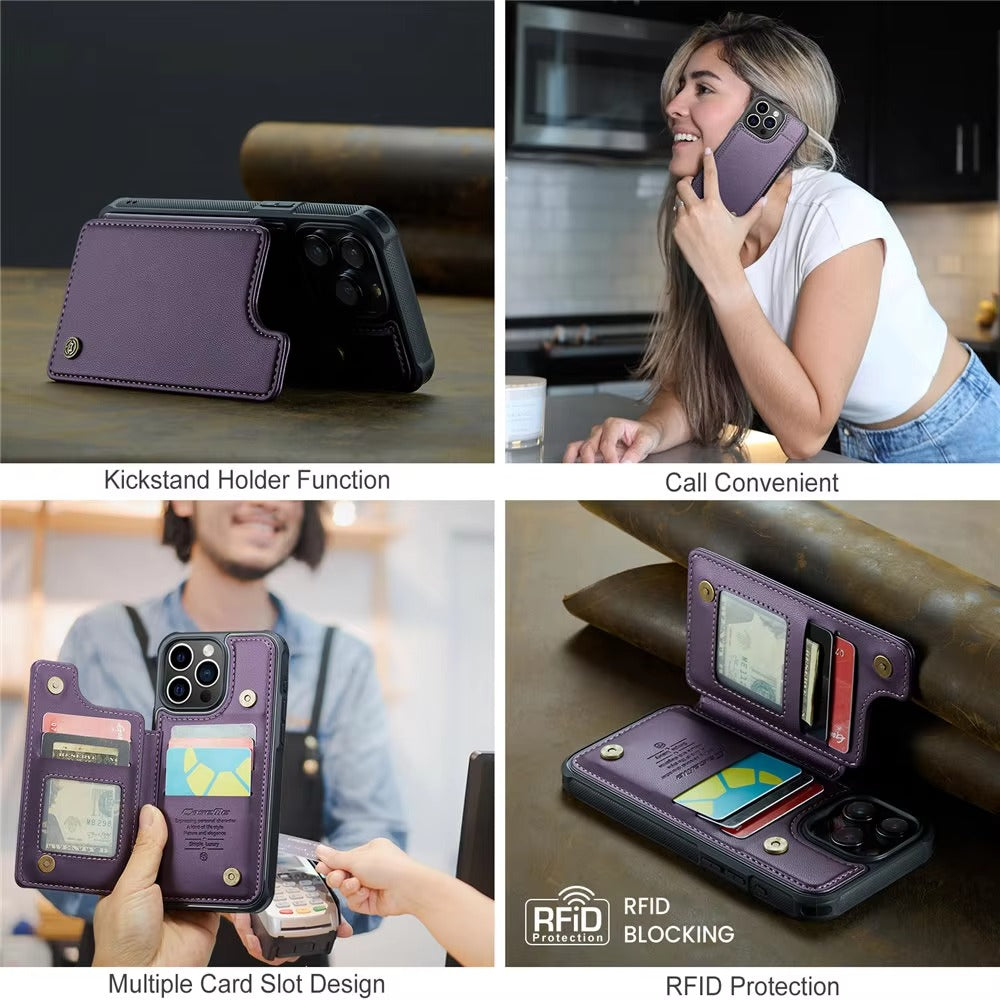 Luxury iPhone Case — PU Leather Wallet Cover with RFID-Blocking Card Slots, Magnetic Clasp and Durable Kickstand Protective Design