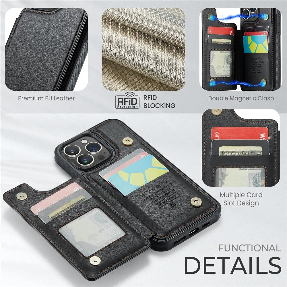Luxury iPhone Case — PU Leather Wallet Cover with RFID-Blocking Card Slots, Magnetic Clasp and Durable Kickstand Protective Design