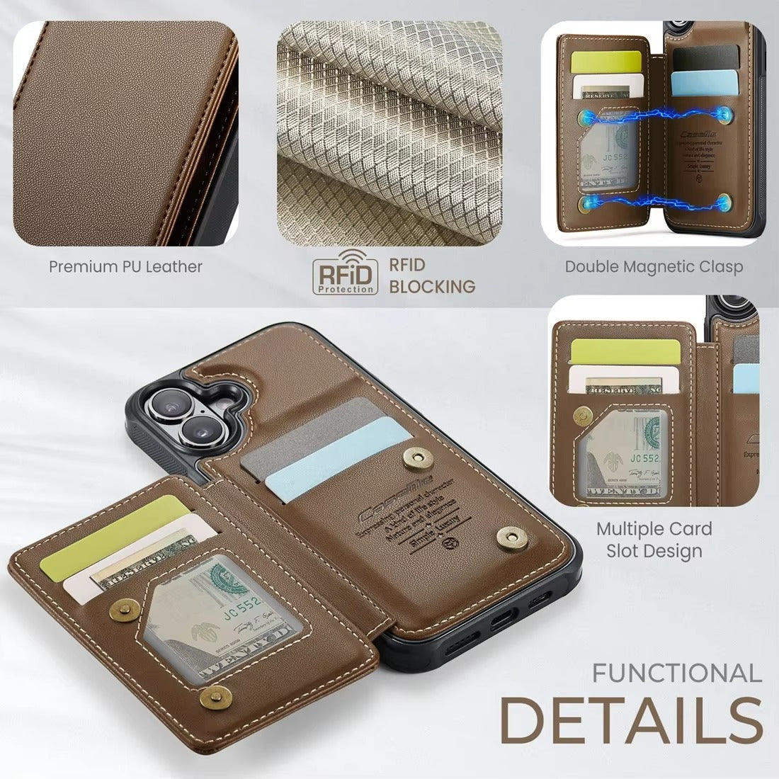 Luxury iPhone Case — PU Leather Wallet Cover with RFID-Blocking Card Slots, Magnetic Clasp and Durable Kickstand Protective Design