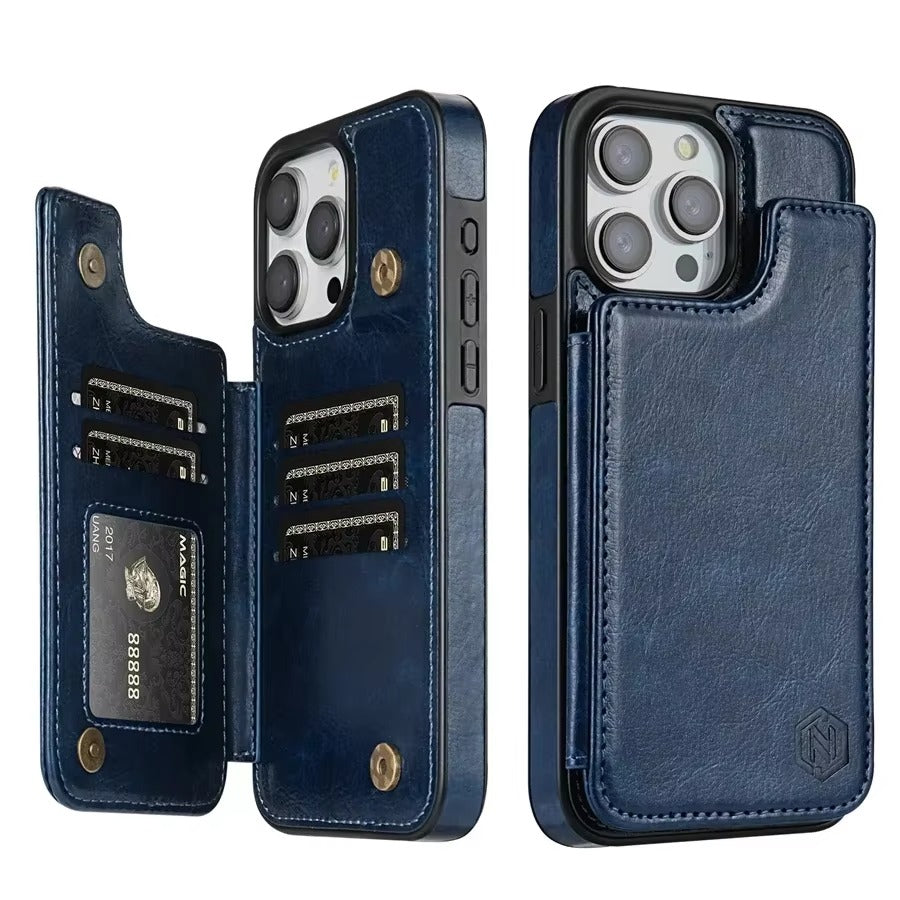 Luxury iPhone Case — RFID-Blocking Magnetic Flip Wallet Cover with Artificial Leather, Shockproof Dual-Layer Protection, Card Slots & Non-Slip Design