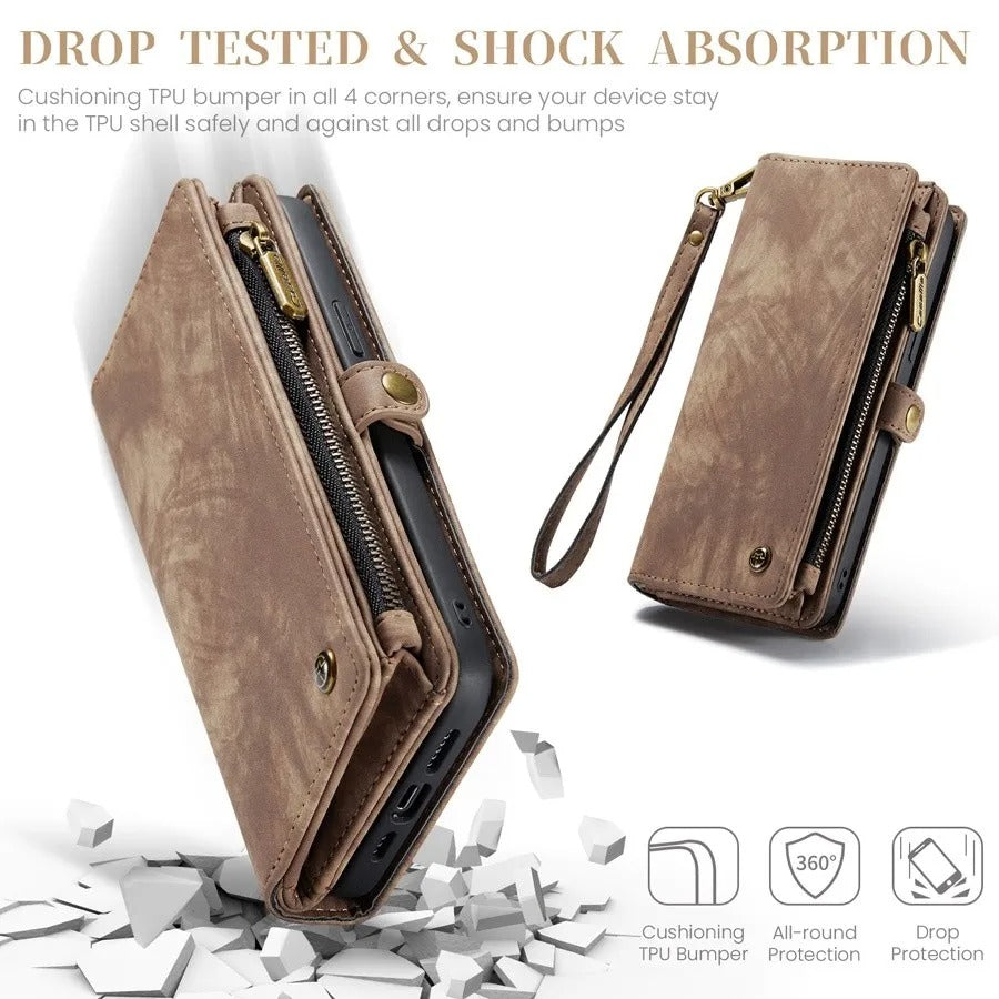 Luxury iPhone Case — Removable Magnetic Wallet Cover with Metal Zipper, 8-Slot Card Purse, Anti-Fingerprint Leather Design and Lanyard Strap