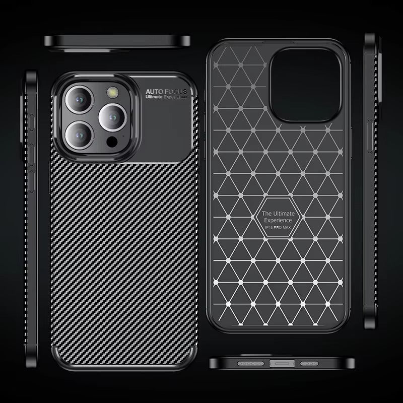 Luxury iPhone Case — Shockproof Carbon Fiber Pattern TPU Cover with Anti-Fingerprint Full-Protection Transparent Back Design