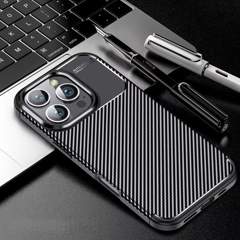 Luxury iPhone Case — Shockproof Carbon Fiber Pattern TPU Cover with Anti-Fingerprint Full-Protection Transparent Back Design