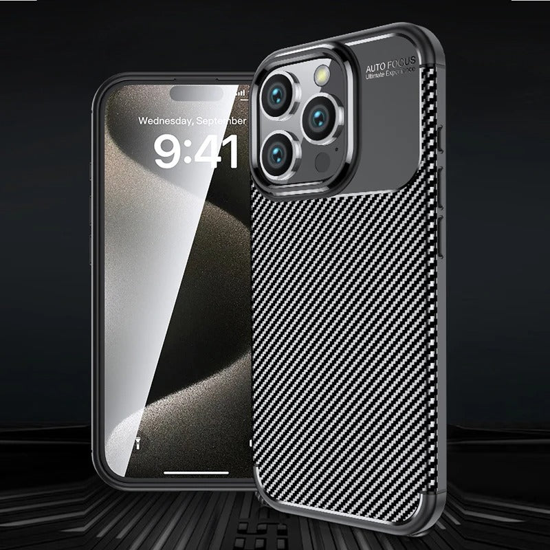 Luxury iPhone Case — Shockproof Carbon Fiber Pattern TPU Cover with Anti-Fingerprint Full-Protection Transparent Back Design