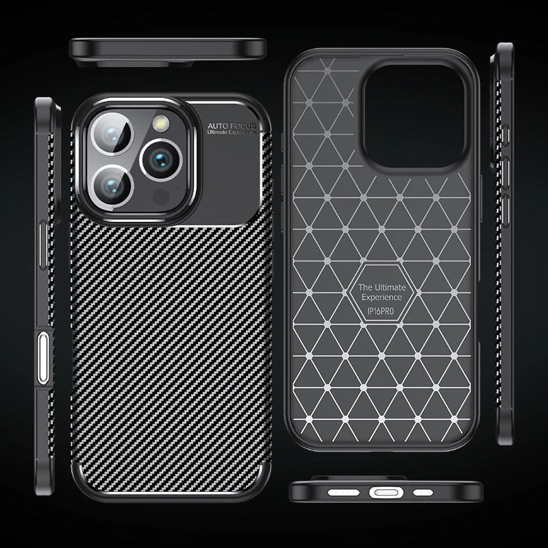 Luxury iPhone Case — Shockproof Carbon Fiber Pattern TPU Cover with Anti-Fingerprint Full-Protection Transparent Back Design