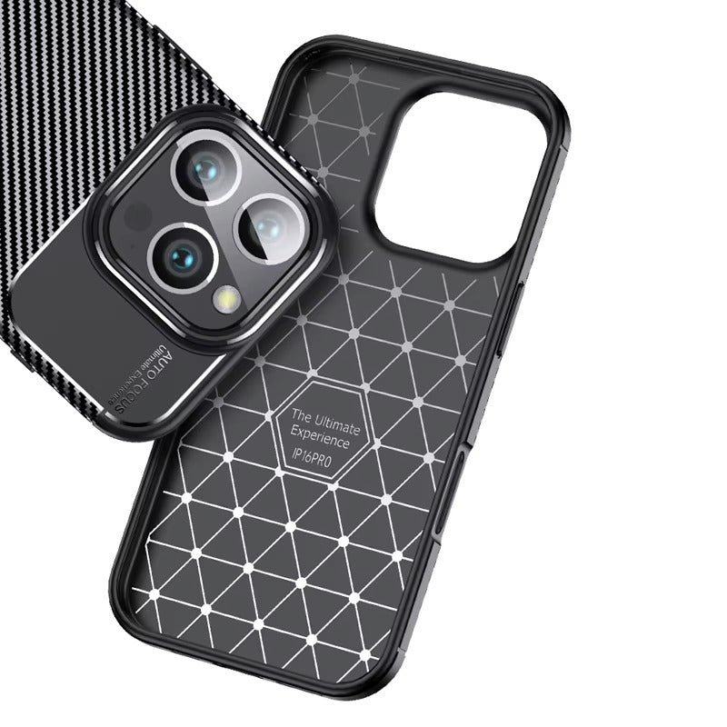 Luxury iPhone Case — Shockproof Carbon Fiber Pattern TPU Cover with Anti-Fingerprint Full-Protection Transparent Back Design