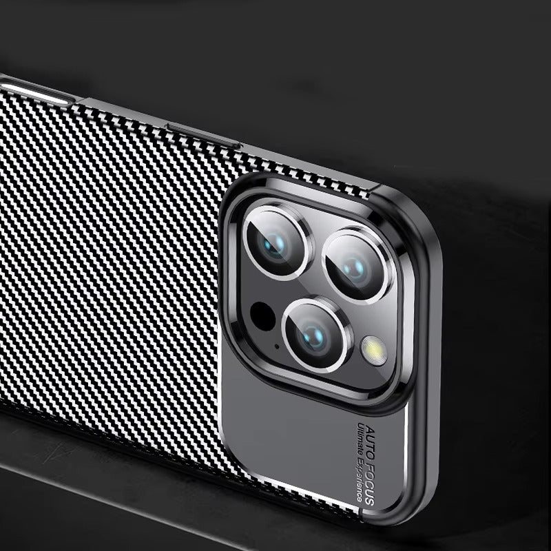 Luxury iPhone Case — Shockproof Carbon Fiber Pattern TPU Cover with Anti-Fingerprint Full-Protection Transparent Back Design