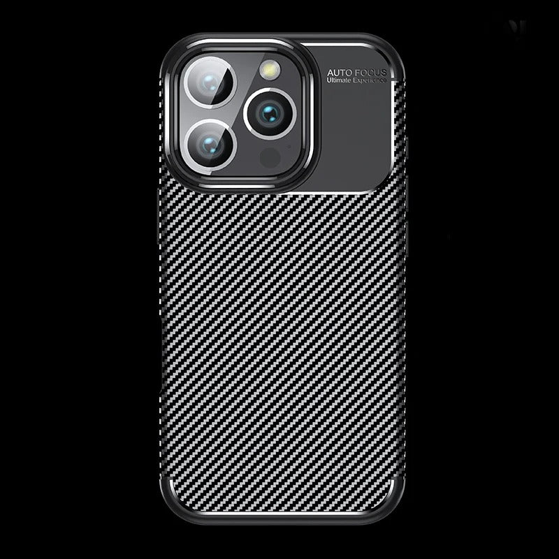 Luxury iPhone Case — Shockproof Carbon Fiber Pattern TPU Cover with Anti-Fingerprint Full-Protection Transparent Back Design