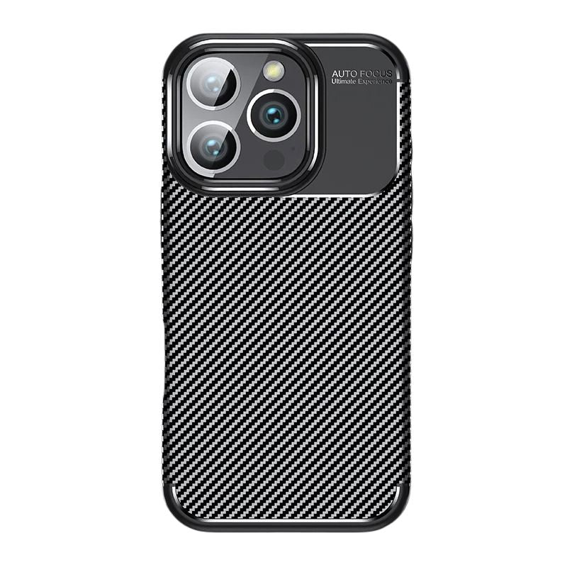 Luxury iPhone Case — Shockproof Carbon Fiber Pattern TPU Cover with Anti-Fingerprint Full-Protection Transparent Back Design