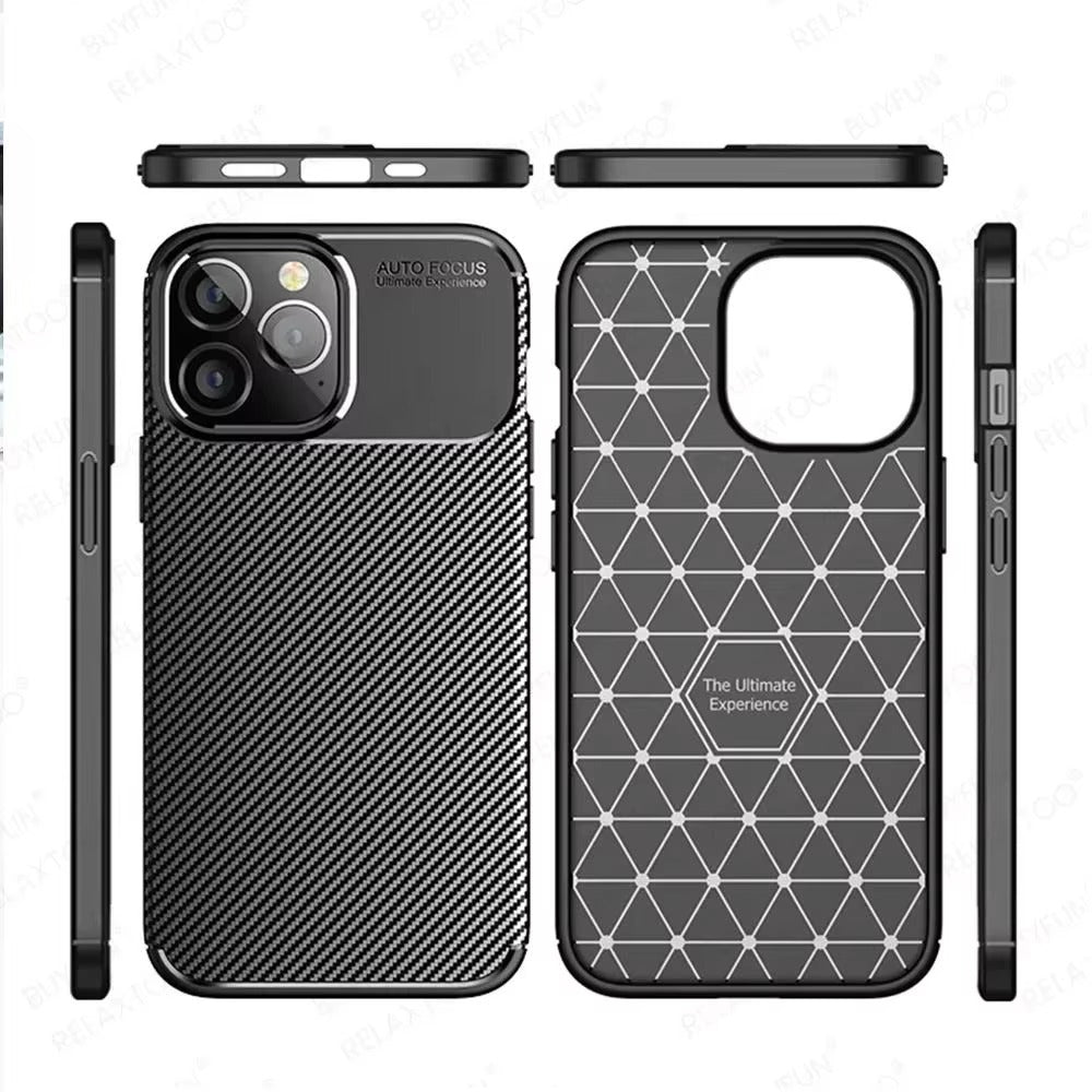 Luxury iPhone Case — Shockproof Carbon Fiber Pattern TPU Cover with Anti-Fingerprint Full-Protection Transparent Back Design