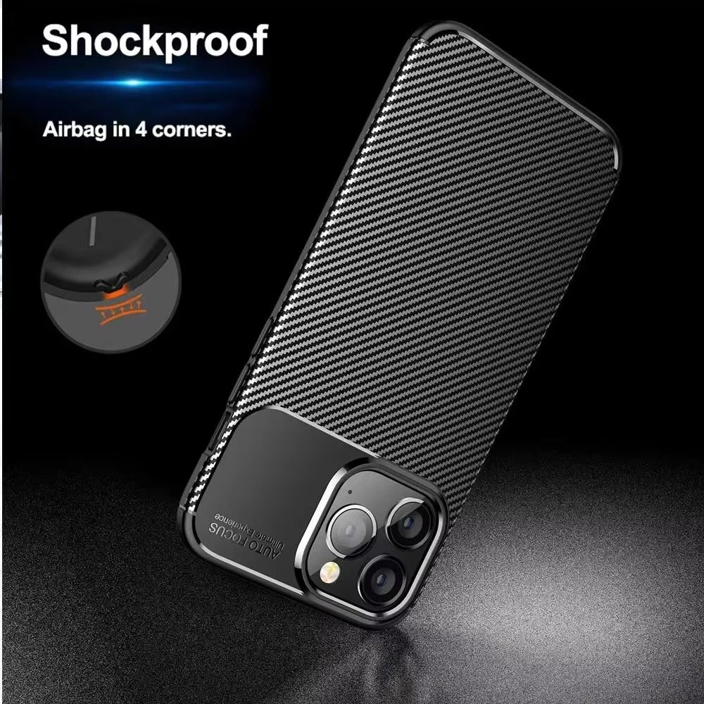 Luxury iPhone Case — Shockproof Carbon Fiber Pattern TPU Cover with Anti-Fingerprint Full-Protection Transparent Back Design