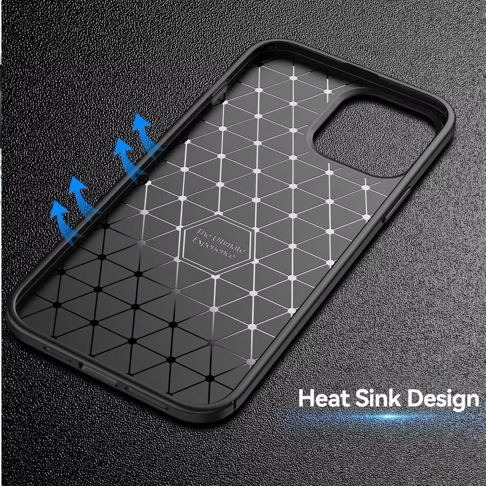 Luxury iPhone Case — Shockproof Carbon Fiber Pattern TPU Cover with Anti-Fingerprint Full-Protection Transparent Back Design