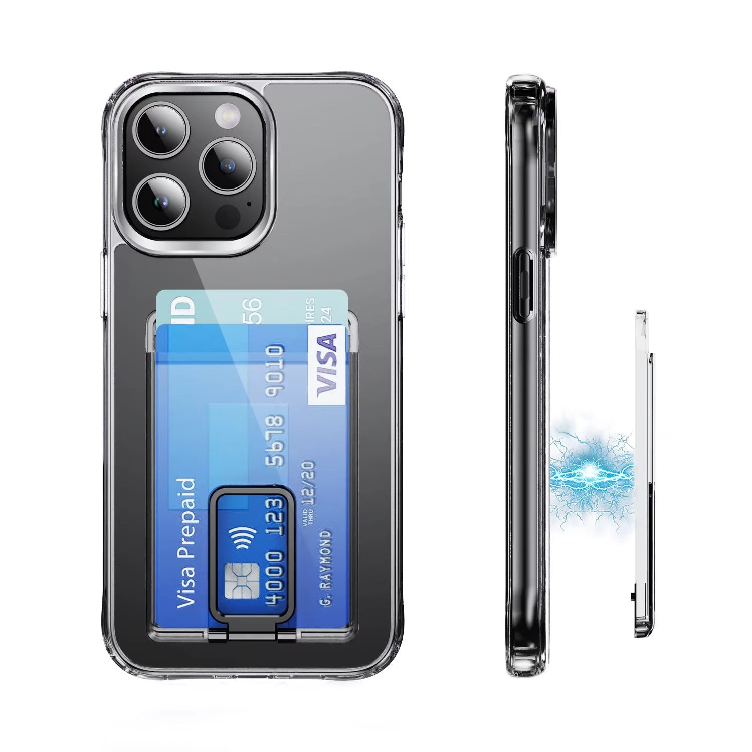 Luxury iPhone Case — Transparent Magnetic Card Wallet with Metal Stand Holder, Anti-Fingerprint, Shockproof, Clear Protective Cover