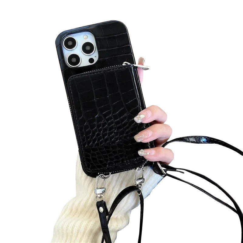 Luxury iPhone Crossbody Wallet Case Crocodile Texture — PU Leather Zipper Cover with Card Holder, Adjustable Strap, Shockproof Anti-Fingerprint Protection
