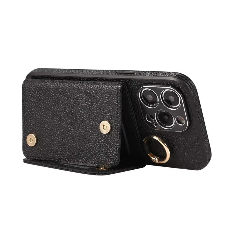 Luxury iPhone Crossbody Wallet Case with Makeup Mirror — Leather Cover, Card Pocket, Ring Holder Stand, Lanyard Strap, Shockproof Anti-Fingerprint Protection