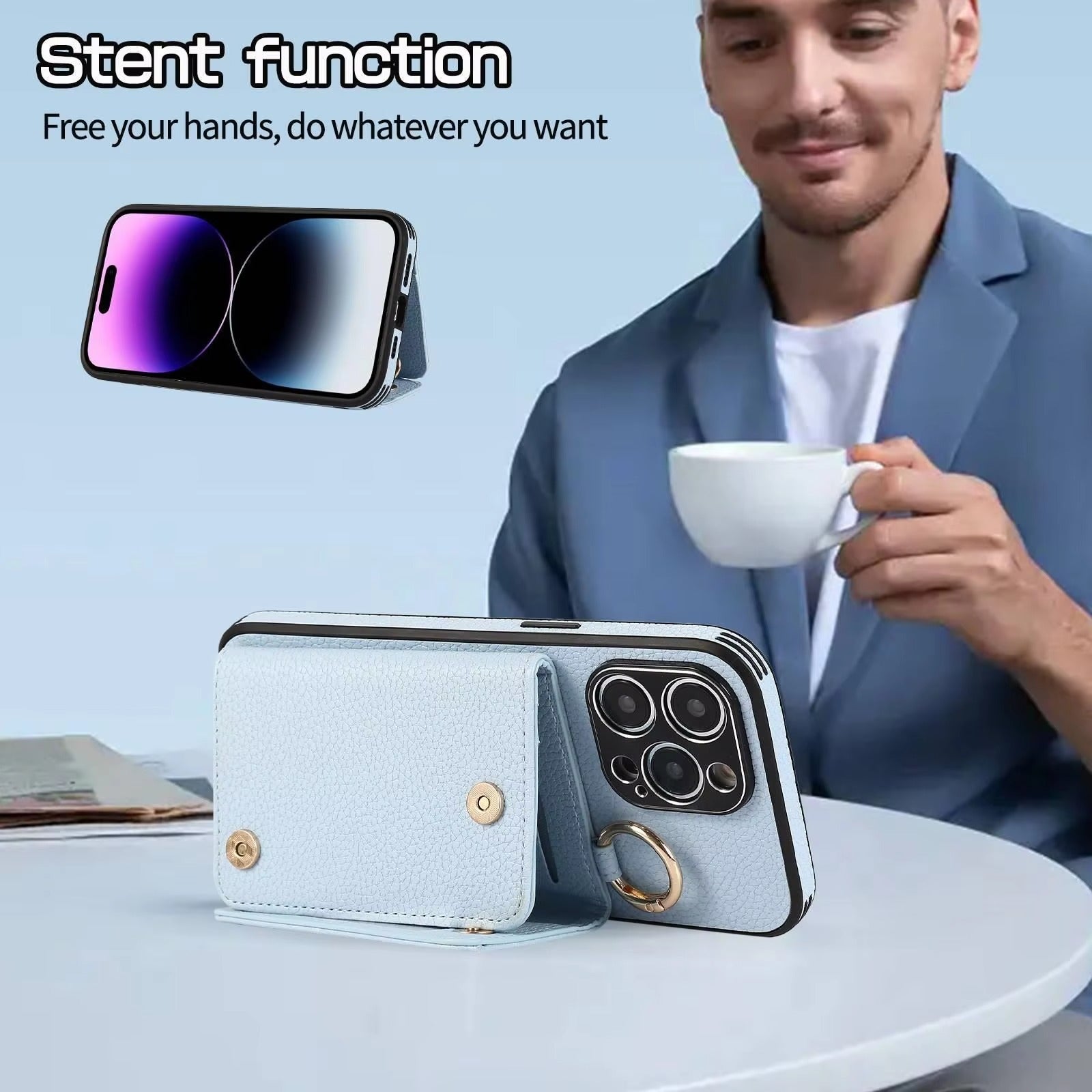 Luxury iPhone Crossbody Wallet Case with Makeup Mirror — Leather Cover, Card Pocket, Ring Holder Stand, Lanyard Strap, Shockproof Anti-Fingerprint Protection