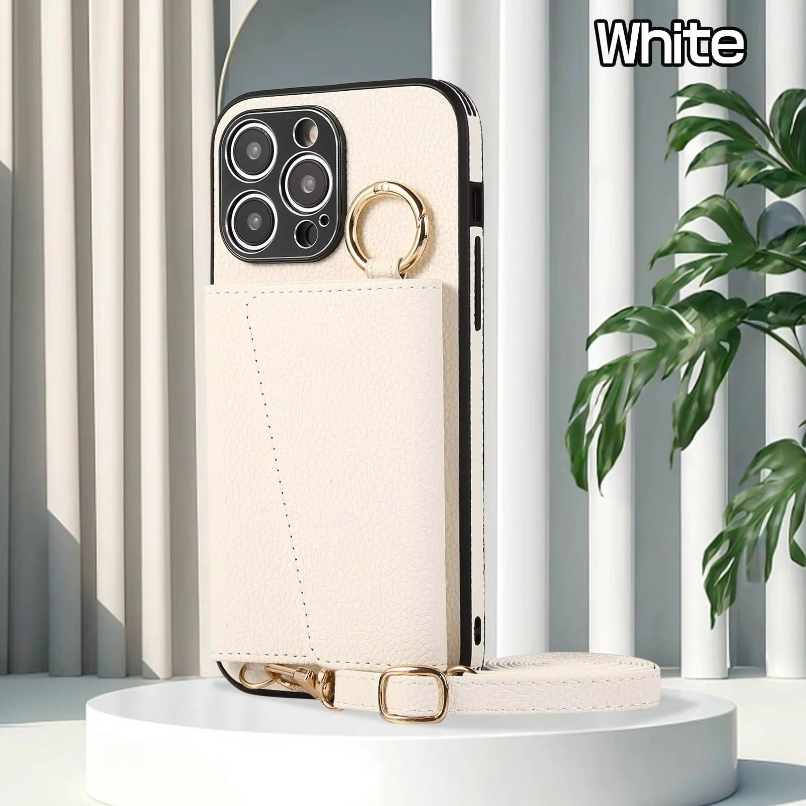 Luxury iPhone Crossbody Wallet Case with Makeup Mirror — Leather Cover, Card Pocket, Ring Holder Stand, Lanyard Strap, Shockproof Anti-Fingerprint Protection