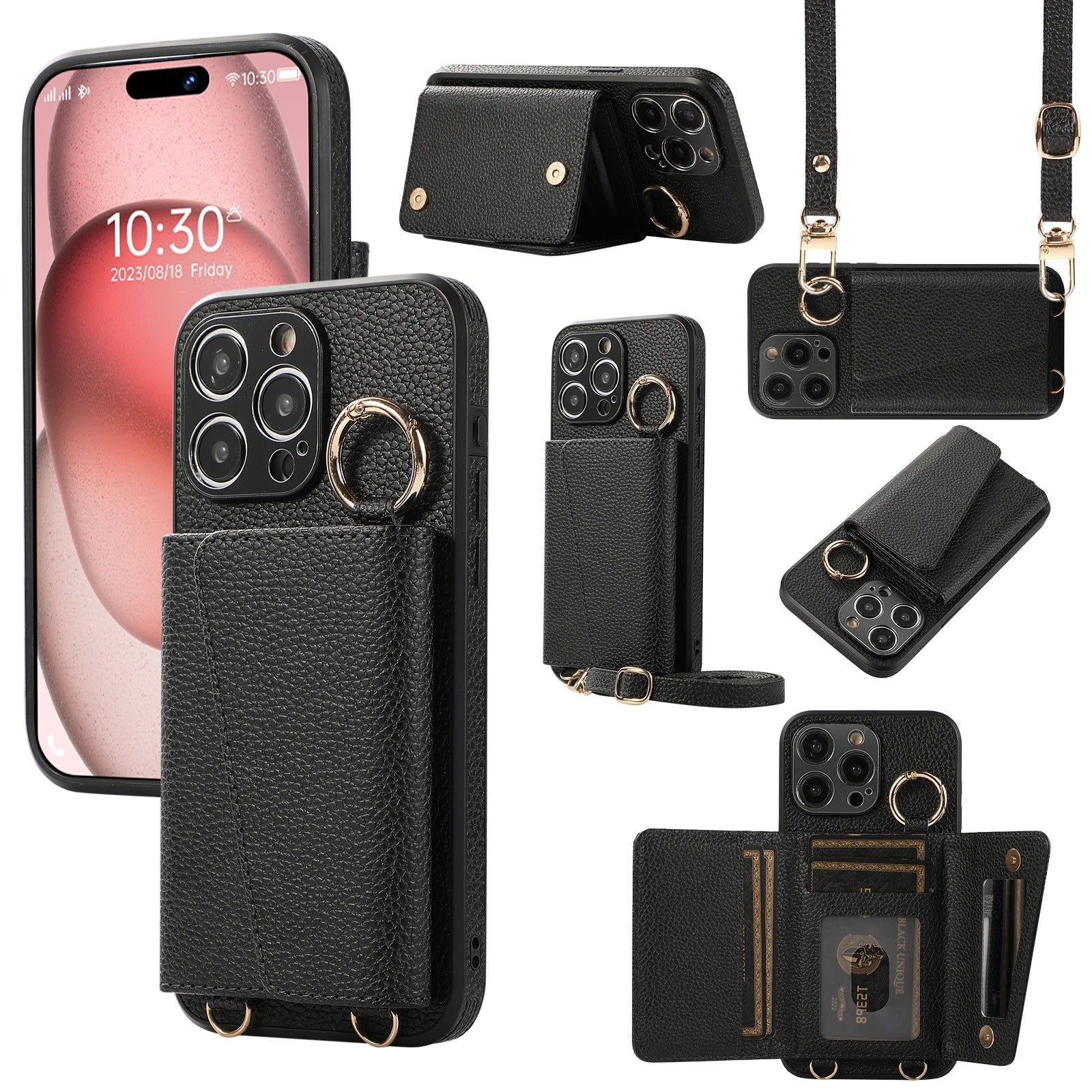 Luxury iPhone Crossbody Wallet Case with Makeup Mirror — Leather Cover, Card Pocket, Ring Holder Stand, Lanyard Strap, Shockproof Anti-Fingerprint Protection
