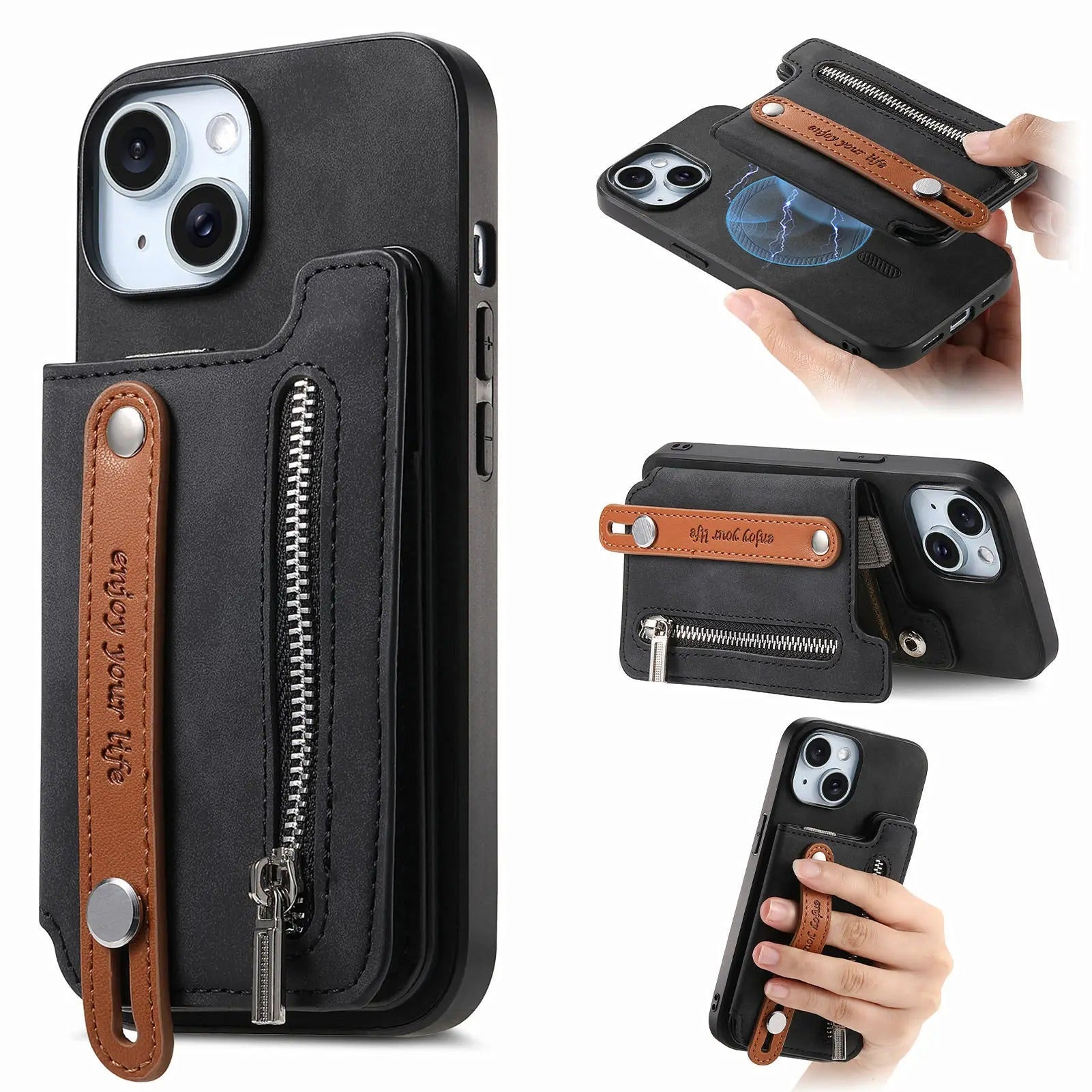 Luxury iPhone Detachable Zipper Wallet Case — Magnetic Flip Leather Cover with Card Slots, Wrist Strap, Kickstand Function, Full Body Shockproof Protection