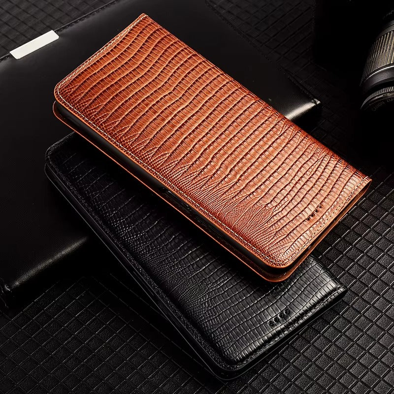 Luxury iPhone Flip Wallet Case Genuine Lizard Leather — Magnetic Closure, Kickstand Holder, Dustproof Non-Slip Design, Premium Full Body Protection