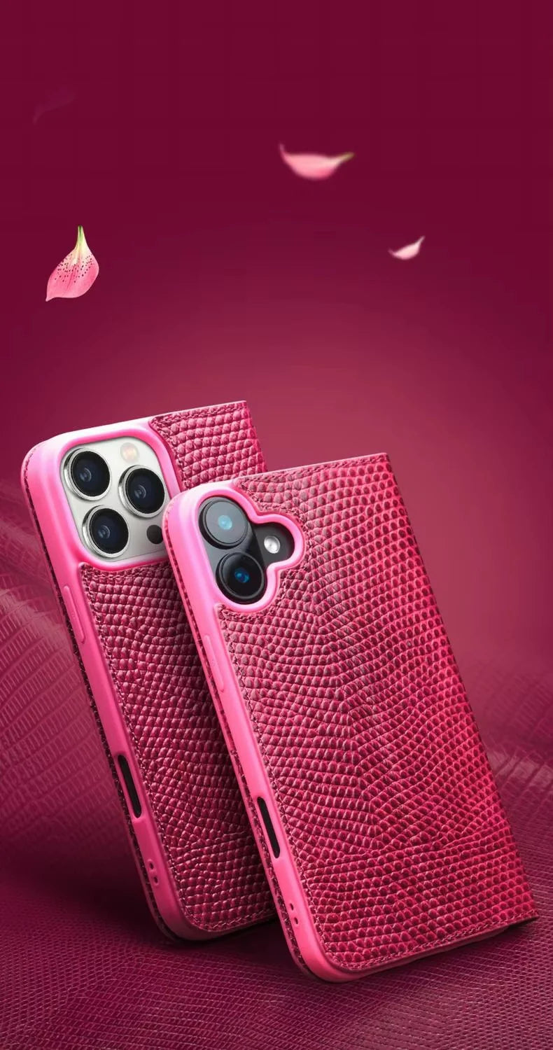 Luxury iPhone Flip Wallet Case Genuine Lizard Leather — Magnetic Closure, Kickstand Holder, Dustproof Non-Slip Design, Premium Full Body Protection