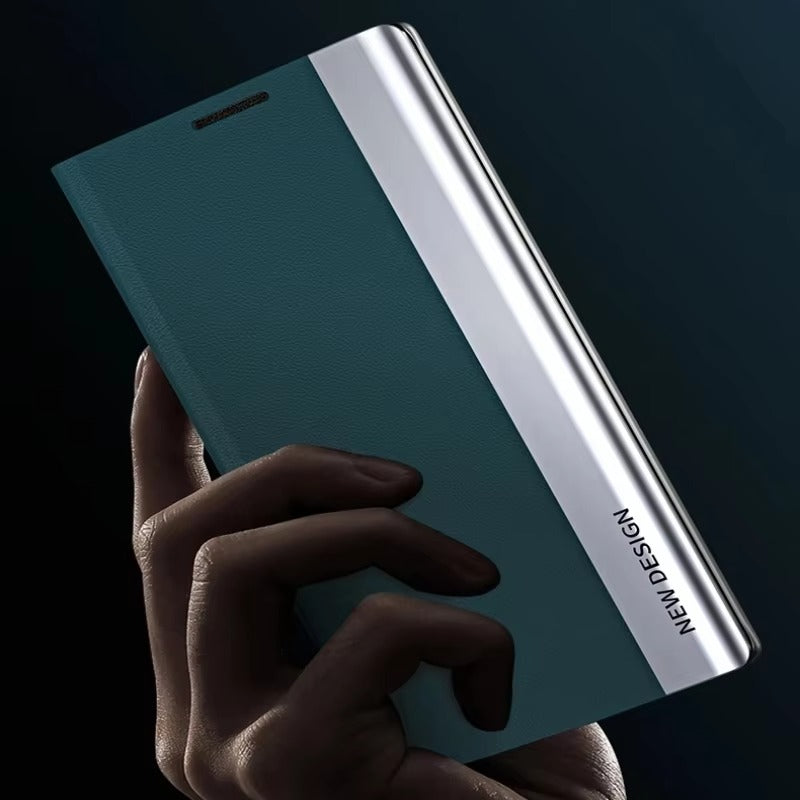 Luxury iPhone Leather Flip Case with Stand — Plating Book-Style Cover, Kickstand Holder, Shockproof Protection, Anti-Fingerprint Matte Finish