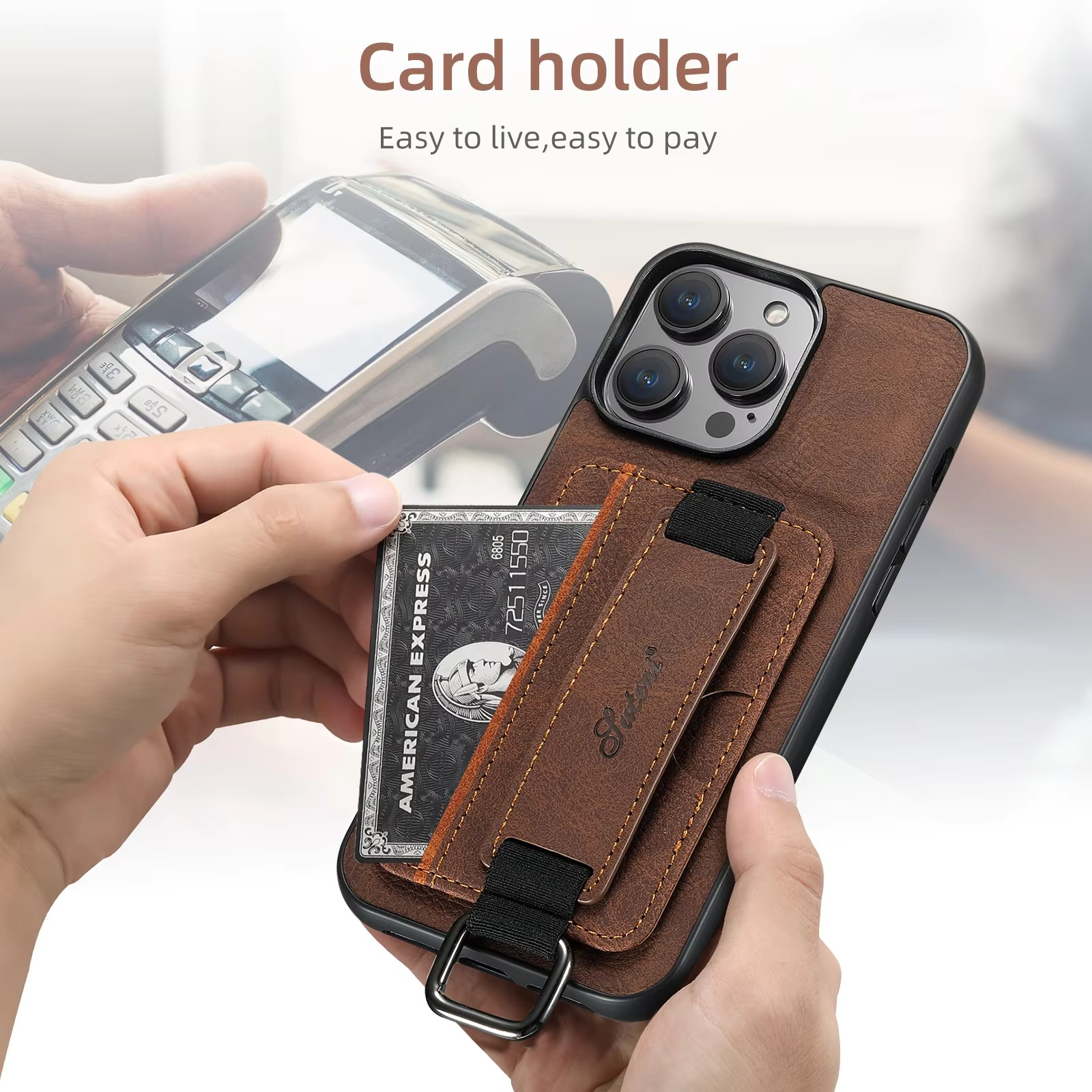 Luxury iPhone Leather Wallet Case with Card Holder — Wrist Strap Design, PU Leather Cover, Shockproof Full Body Protection, Stylish Storage Compartment