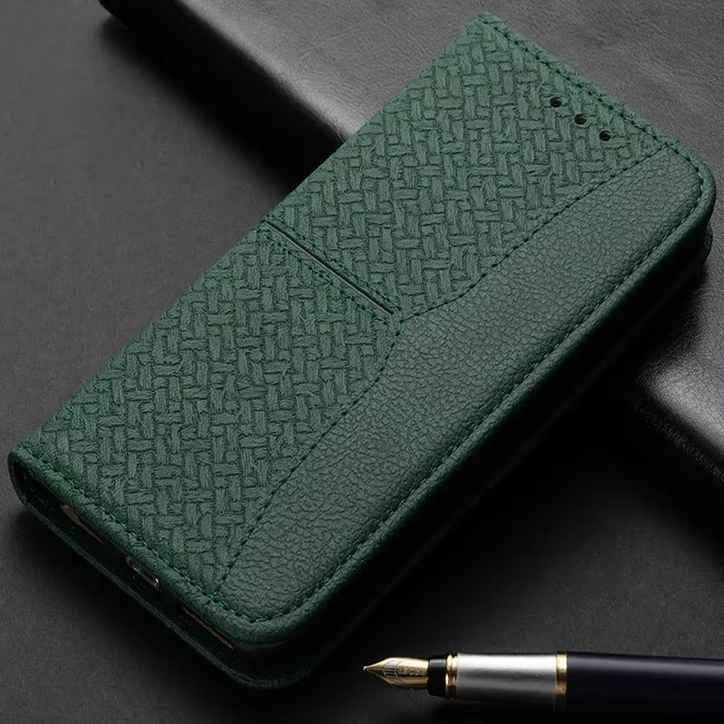 Luxury iPhone Leather Wallet Flip Case — Magnetic Cover with Card Holder, Kickstand Function, Dual Layer Shockproof Protection, Anti-Fingerprint Design