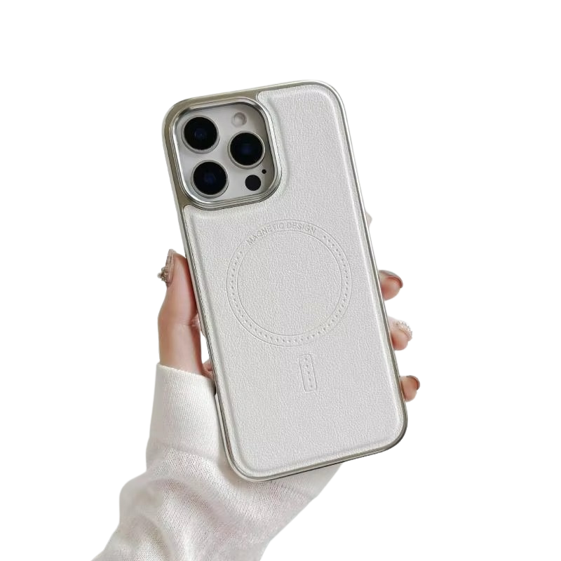 Luxury iPhone MagSafe Case Leather Matte Cover — Plating Frame Magnetic Wireless Charging, Business Style Shockproof Bumper Armor, Anti-Fingerprint Scratch-Resistant Design