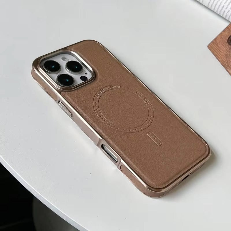Luxury iPhone MagSafe Case Leather Matte Cover — Plating Frame Magnetic Wireless Charging, Business Style Shockproof Bumper Armor, Anti-Fingerprint Scratch-Resistant Design