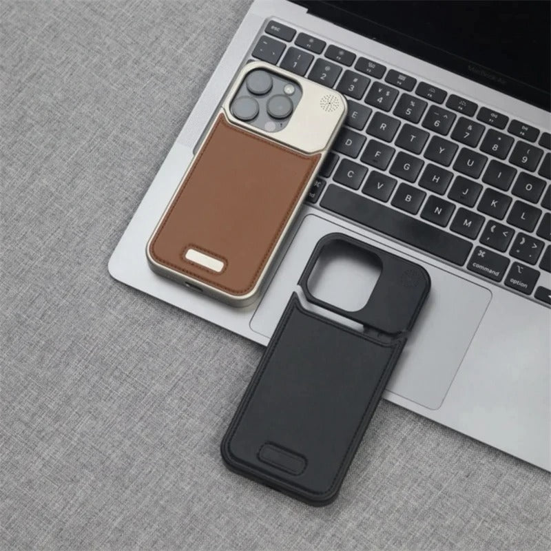 Luxury iPhone MagSafe Case Leather + Aluminum Alloy — Magnetic Wireless Charging Cover, Frameless Shockproof Design, Anti-Fingerprint Scratch-Resistant Finish