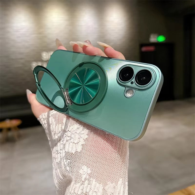 Luxury iPhone MagSafe Case with 360° Rotatable Ring Holder — Frosted Plating Cover, Lens Film Protection, Slim Shockproof Scratch-Resistant Design