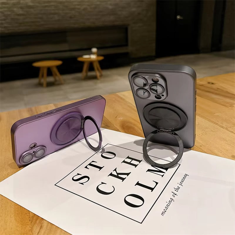 Luxury iPhone MagSafe Case with 360° Rotatable Ring Holder — Frosted Plating Cover, Lens Film Protection, Slim Shockproof Scratch-Resistant Design