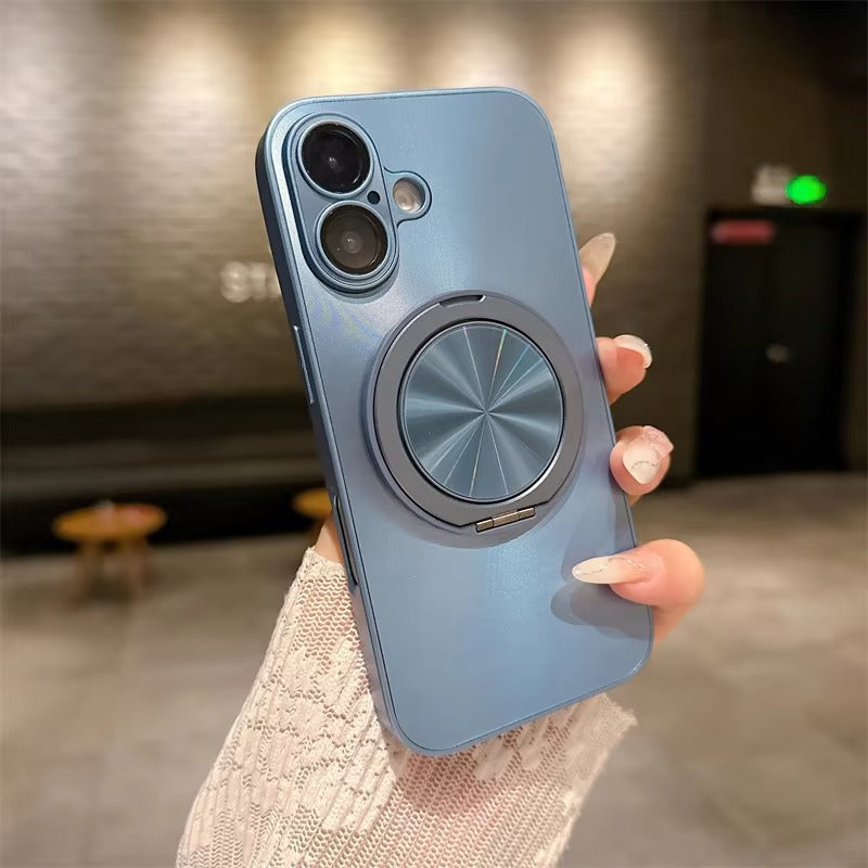 Luxury iPhone MagSafe Case with 360° Rotatable Ring Holder — Frosted Plating Cover, Lens Film Protection, Slim Shockproof Scratch-Resistant Design