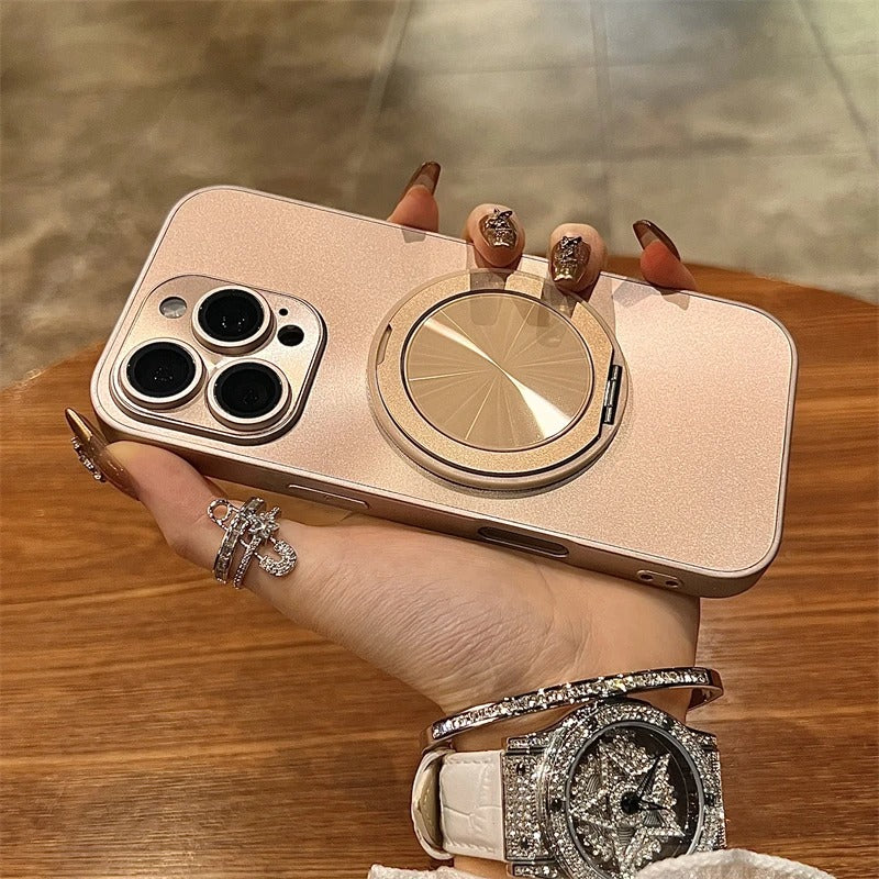 Luxury iPhone MagSafe Case with 360° Rotatable Ring Holder — Frosted Plating Cover, Lens Film Protection, Slim Shockproof Scratch-Resistant Design