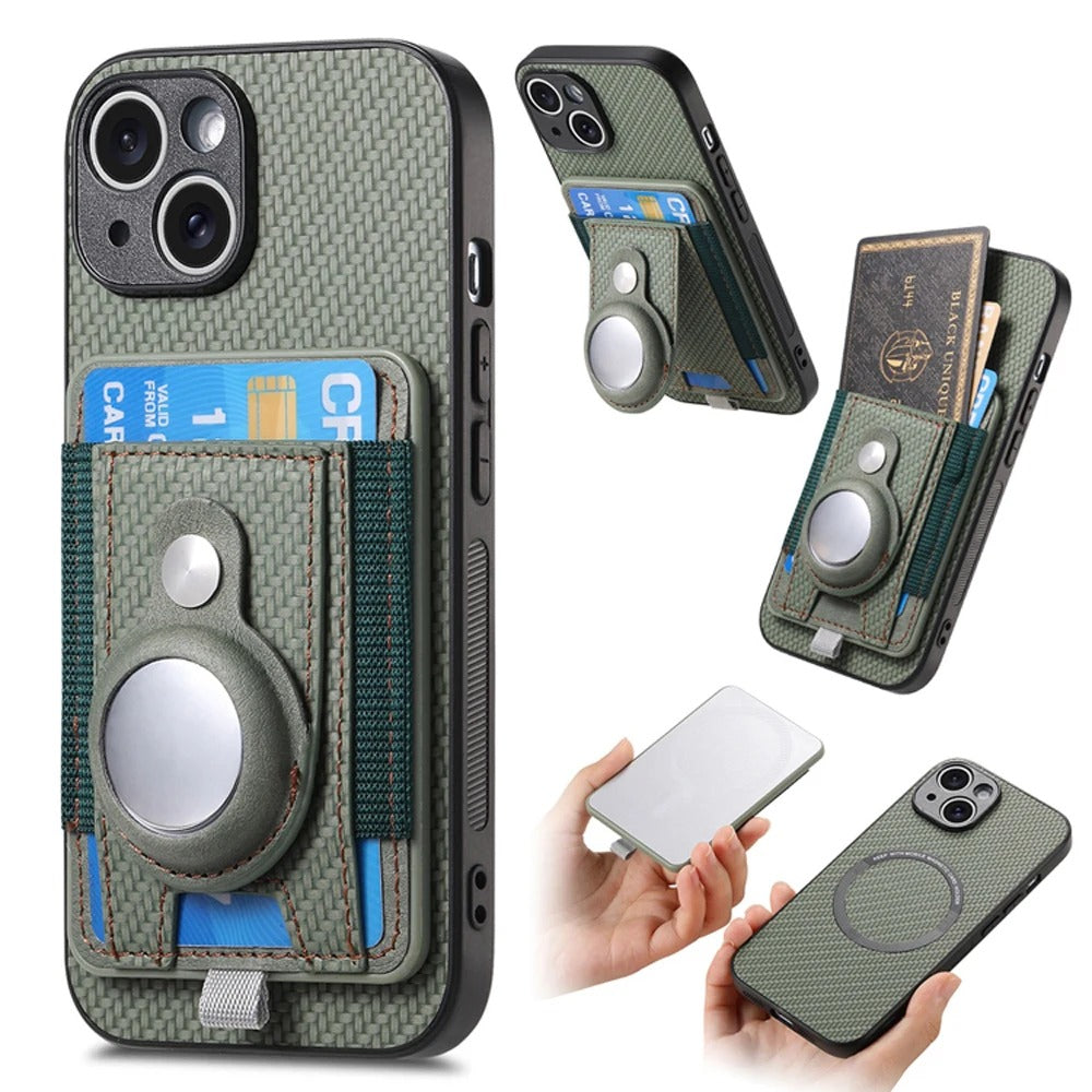 Luxury iPhone MagSafe Case with AirTag Card Holder — Magnetic Adsorption Wallet Cover, Slim PC+TPU Design, Anti-Scratch Dustproof Non-Slip Protection