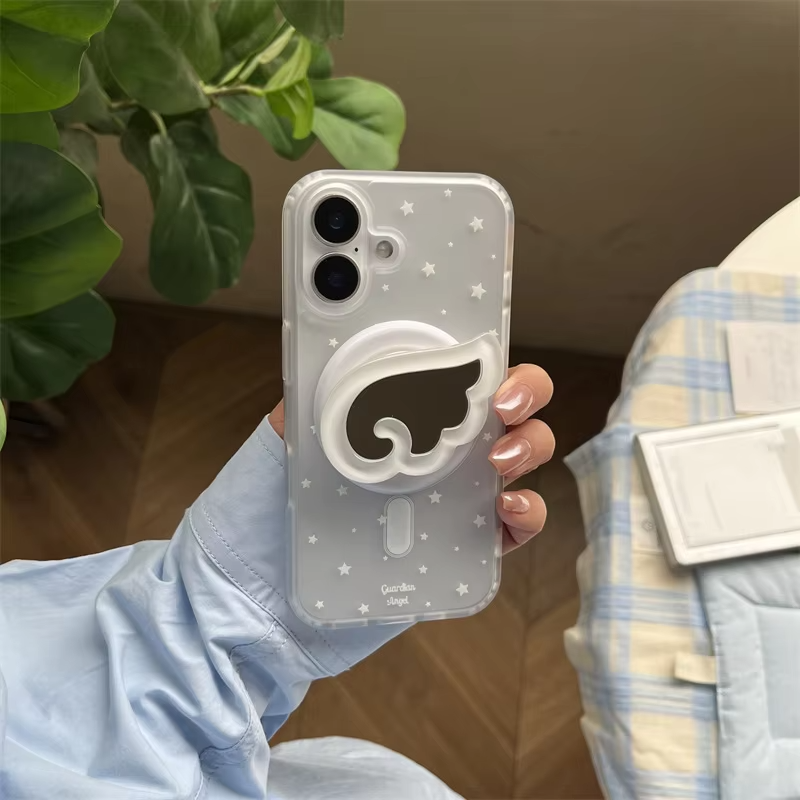 Luxury iPhone MagSafe Cute 3D Wing Mirror Phone Grip, Cartoon Finger Ring Stand Holder with Foldable Kickstand Design